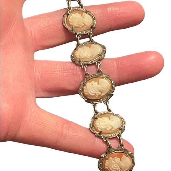 Stunning antique 800 silver Carved shell cameo victorian art deco Bracelet - Picture 5 of 6